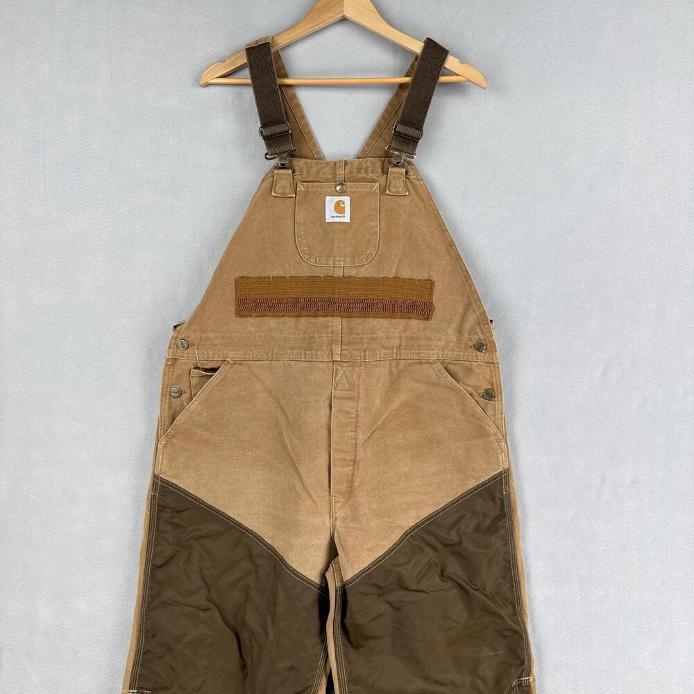 Vintage Carhartt Overalls Mens 42 Brown Canvas Hunting Bib Chap Front Nylon Legs